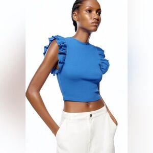 ZARA Ruffle Blouse Sleeveless Round Neck Semi Crop Top Knit